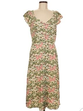Floral V-Neck Midi Dress in Pink and Green by Loft